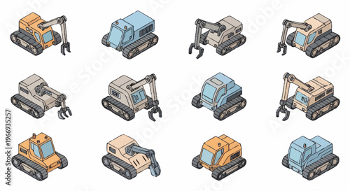 Collection of Isometric Construction Vehicles and Machinery.