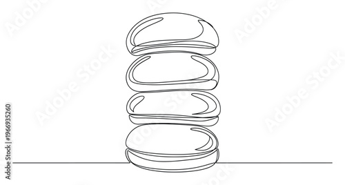 A minimalist continuous line drawing depicting a tall stack of delicious round macarons or delicate pastries, ideal for food blogs, bakery promotions, or dessert menu designs.