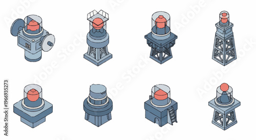 Set of Industrial Towers and Structures with Red Lights.
