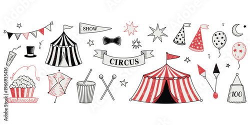 Circus Show Tent and Carnival Hand Drawn Doodle Elements big top
