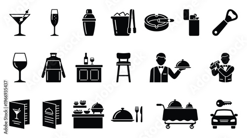 A comprehensive collection of black silhouette icons representing various items and services commonly found in restaurants, bars, and hotels, suitable for diverse media projects.