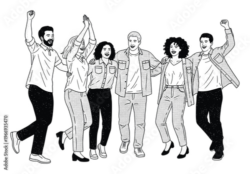 Diverse group of cheerful young people celebrating triumph and successful teamwork with raised arms, perfect for conveying joy, unity, and achievement in various commercial projects.
