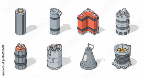 Collection of Isometric Explosive Devices and Containers.