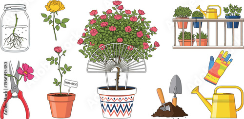 Rose Gardening and Plant Care Set Featuring Propagation in Water, Pruning Tools, Potted Flowers, Watering Can and Balcony Garden Equipment Vector Illustration