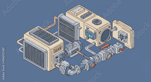 Detailed Isometric Illustration of HVAC System Components.