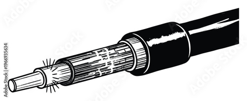 Cutaway view of a fiber optic cable demonstrating light pulse transmission through its intricate core structure for high speed digital data communication technology applications