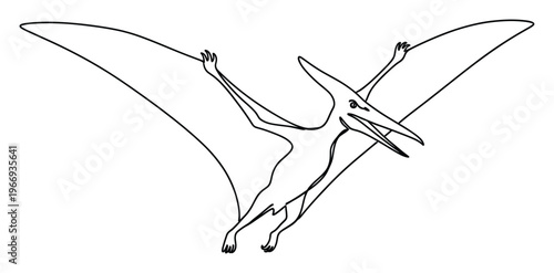 Simple black line drawing of a flying Pterodactyl in motion, perfect for childrens educational content, school projects, and engaging coloring activities.