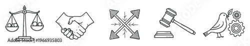 Icons symbolizing justice balance, partnership, direction, legal judgment, and eco industry, featuring common elements for conceptual project visuals.