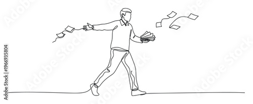 A business person walking and throwing money or papers into the air, symbolizing financial spending or loss, suitable for economic articles and presentations.