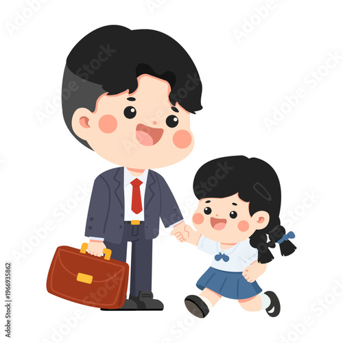 Father escorting daughter to school in morning