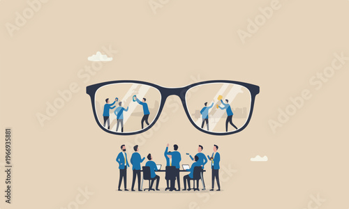 Clear, see in business outlook concept, miniature worker cleaning huge eyeglass lenses for owner to get clear vision