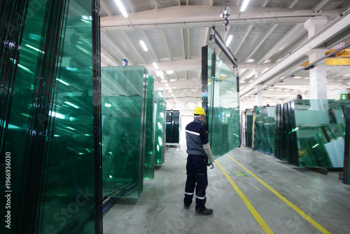  Glass manufacturing factory. Workers in the factory.