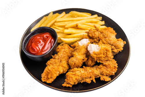 Deep fried chicken strips, sticks with french fry and sauce isolated on white background