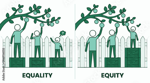 Equality vs. Equity concept illustration with people reaching for fruit