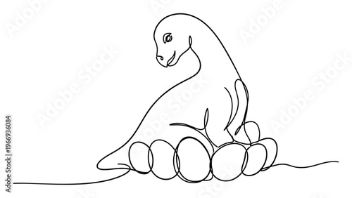 A simple continuous line graphic depicting a mother dinosaur sitting protectively on a cluster of eggs, perfect for educational resources, nursery decor, or themed projects