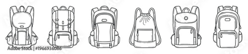 A comprehensive collection of hand drawn outline backpacks showcasing diverse styles and designs perfect for educational materials or travel and adventure themed projects