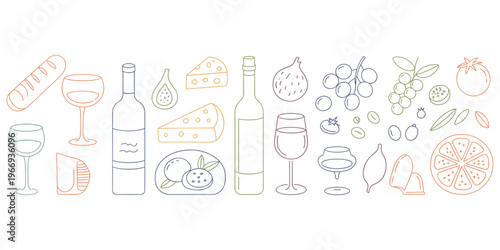 Colorful Line Art Icons of Wine Cheese and Fruits bottle glass
