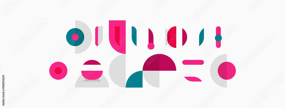 Fototapeta premium Abstract shapes, pinks, teals, grays compose minimalist design. Lines, circles, forms create playful composition. Simple geometry dominates.