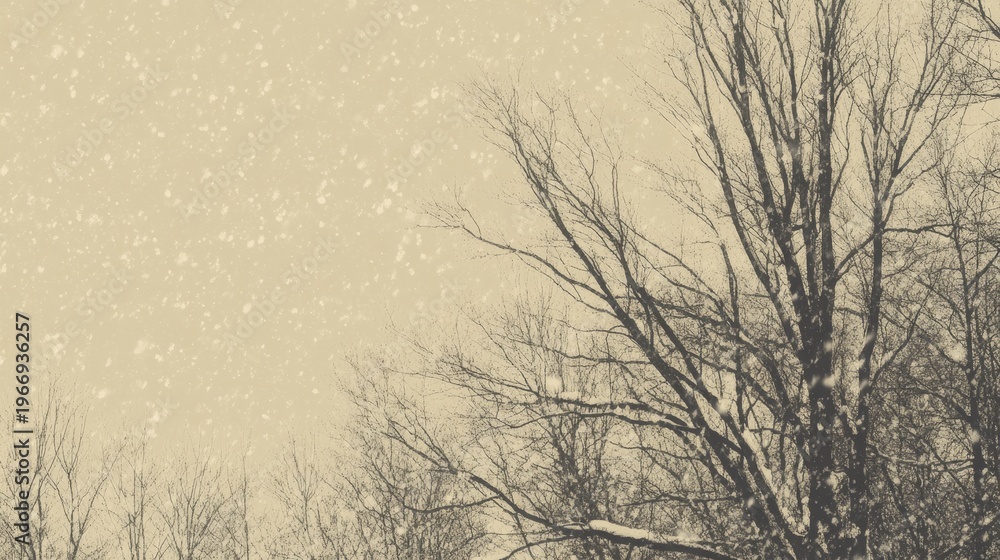 Obraz premium Leafless trees with falling snowflakes under overcast sky; evokes a serene winter landscape