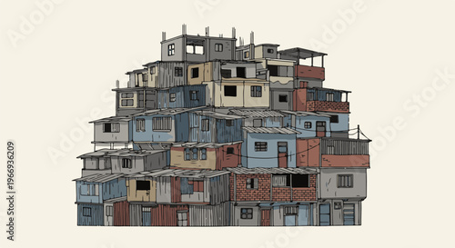Dense, stacked, multi-level informal housing structures with diverse materials