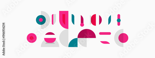 Abstract shapes, pinks, teals, grays compose minimalist design. Lines, circles, forms create playful composition. Simple geometry dominates.
