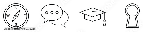 A set of simple outlined icons featuring a navigational compass, interactive chat bubbles, an academic graduation cap, and a symbolic keyhole, useful for conceptual web and print materials.
