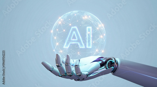 Metallic Cyborg Hand and Glowing AI Sphere on Blue Background