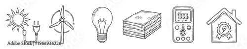 Hand drawn outline energy icons set illustrating renewable sources like solar and wind power, electricity consumption, cost management, smart home technology, and ecofriendly housing for