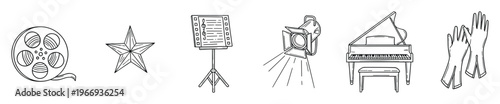 Collection of entertainment industry icons featuring a film reel, star, music stand with sheet music, stage spotlight, grand piano, and elegant gloves suitable for promotional materials and