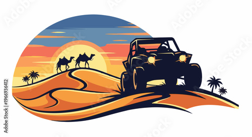 Desert adventure with camels and a dune buggy under a sunset sky