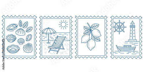 Four blue line art postage stamps with beach and sea themes Keywords: postage stamp, sea, beach, vacation, travel, summer, ocean