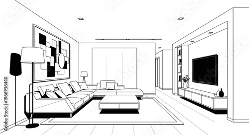 Modern Living Room Interior Design Sketch.