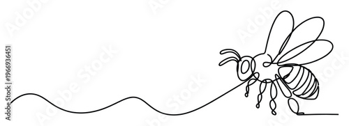 Minimalist continuous line drawing of a flying bee creating a dynamic wavy trail, perfect for nature conservation promotions, ecofriendly brand identity, or educational materials about