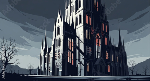 Gothic castle building with tall spires and glowing windows.