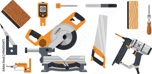 Carpentry Tools and Woodworking Equipment Set Featuring Circular Saw, Hand Saw, Nail Gun, Measuring Devices and Timber Materials Vector Illustration