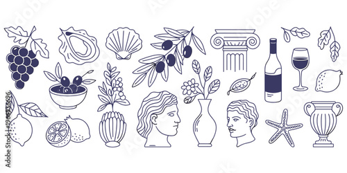 Greek Mythology and Mediterranean Elements Line Art Collection Keywords: greek, mythology, mediterranean, ancient, greece