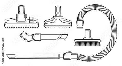 Vacuum Cleaner Attachments Set: Hose, Crevice Tool, Brush, and Nozzles - Line Art
