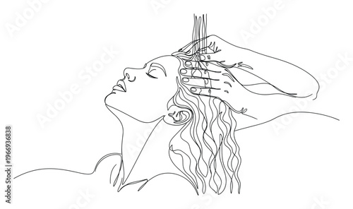 Abstract continuous line artwork portraying a tranquil woman getting a refreshing scalp treatment and hair wash, excellent for promoting spa services, selfcare routines, and beauty product