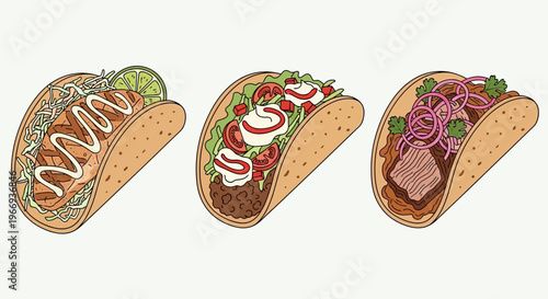 Three Delicious Tacos Illustrated: Carne Asada, Chicken, and Ground Beef