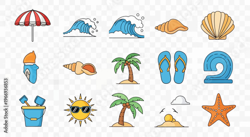Summer Beach Icons: Umbrella, Waves, Palm Trees, Seashells, Starfish, Sunglasses Sun, Bucket