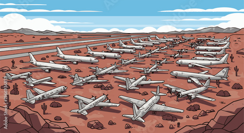 Desert boneyard filled with many airplanes under a blue, cloudy sky