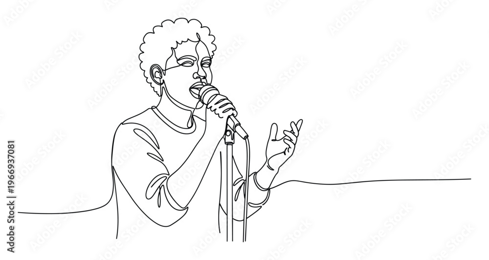 Fototapeta premium Black person with curly hair singing into a microphone during a soulful performance, expressing emotion and passion, ideal for music event promotions or creative projects