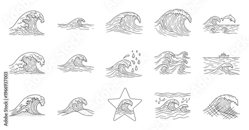 Collection of hand drawn ocean wave illustrations depicting various sea and beach scenes for marine themed graphic resource and symbol applications