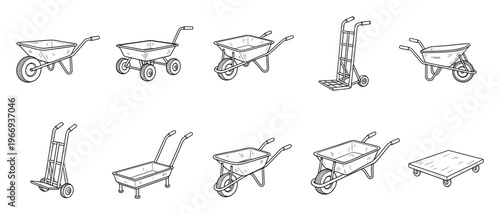 Comprehensive collection of indispensable manual material handling equipment, including diverse wheelbarrows, twowheel hand trucks, and flat platform dollies, ideal for various gardening,