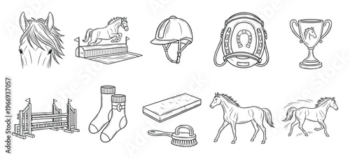 Equestrian sport and horse riding hobby elements featuring outlines of horses, jumping obstacles, helmets, saddles, and trophies, perfect for coloring books and educational graphics