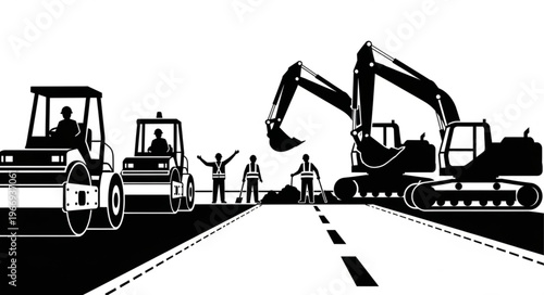 Construction workers and heavy machinery on a road construction site.