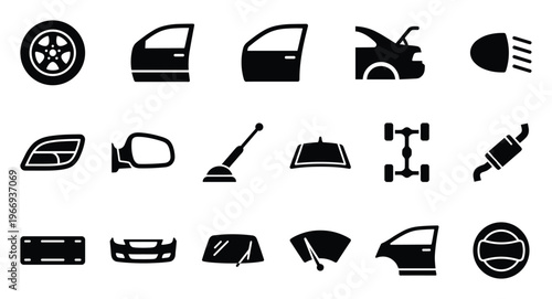 Comprehensive collection of essential car parts and automotive components presented as modern black glyph icons, perfect for mechanic shop promotions or vehicle maintenance guides.