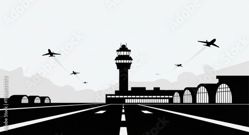 Airport runway with control tower and airplanes taking off.