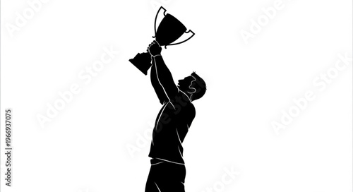 Silhouette of a person holding a trophy high in the air.
