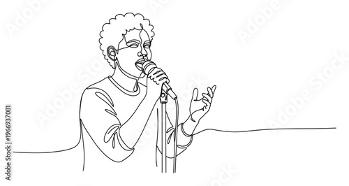 Black person with curly hair singing into a microphone during a soulful performance, expressing emotion and passion, ideal for music event promotions or creative projects